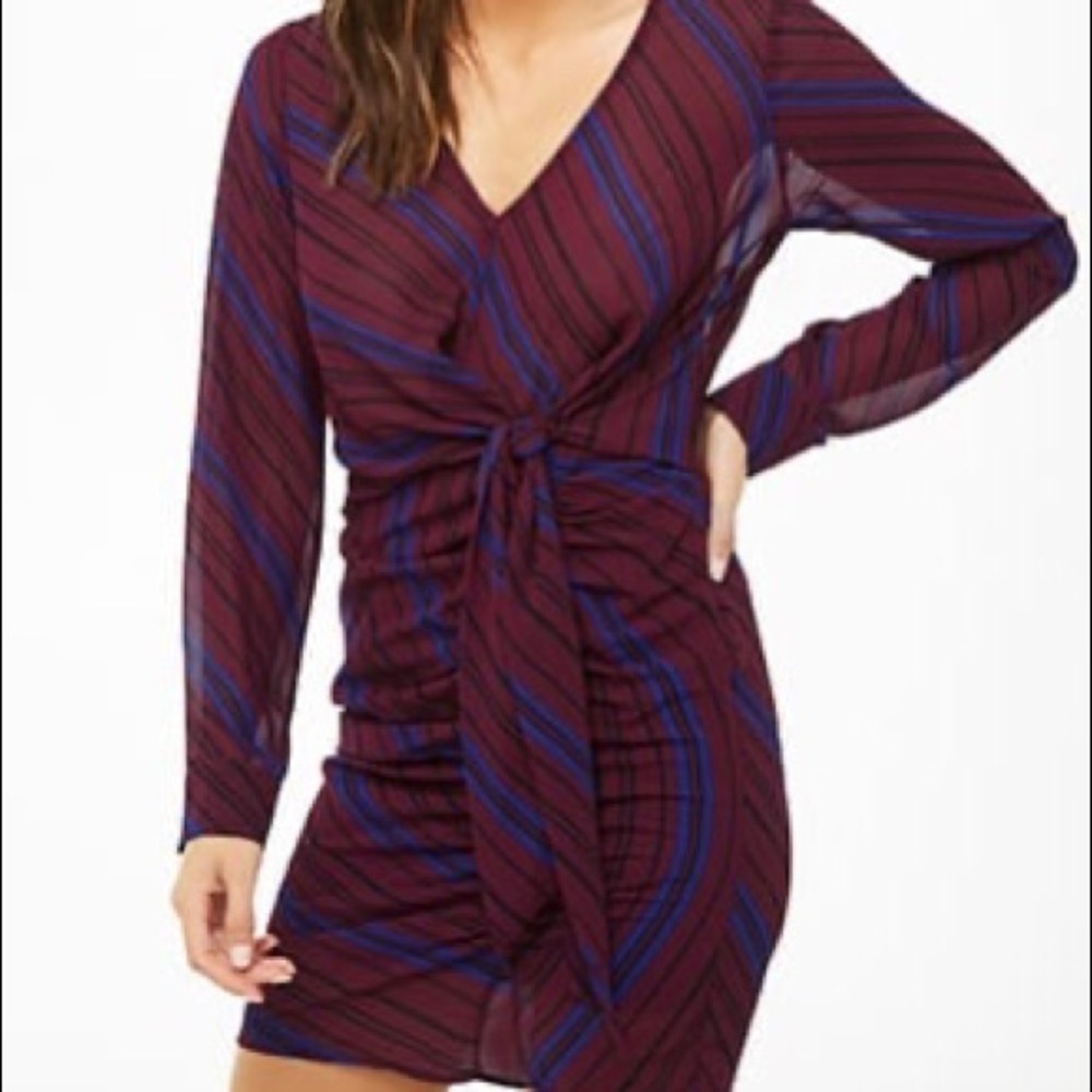 Striped V Neck Tie-Front Chiffon Mini Dress